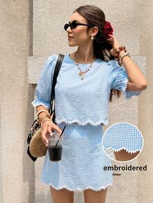 Serisse Conjunto de 2 piezas de top de cuello redondo a cuadros y minifalda casual para uso diario para mujer - Azul - Ver 3