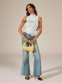 SHEIN Tall 女款素色對比蕾絲立領修身時尚細肩帶背心 - 白色 - 查看 3