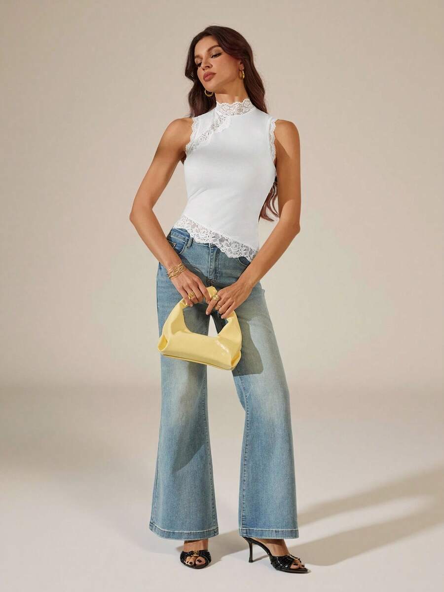 SHEIN Tall Women's Solid Color Contrast Lace Stand Collar Fitted Fashion Camisole - White - View 1