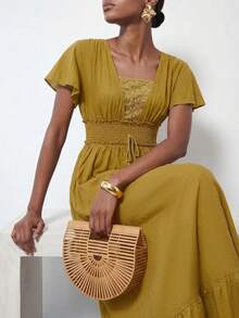 Zivah Summer Boho Vacation Mustard Yellow V-Neck Lace-Trimmed Multi-Layered Ruffled Halter Women Long Dress Suitable For Everyday Music Festivals Picnic - Mustard Yellow - View 9