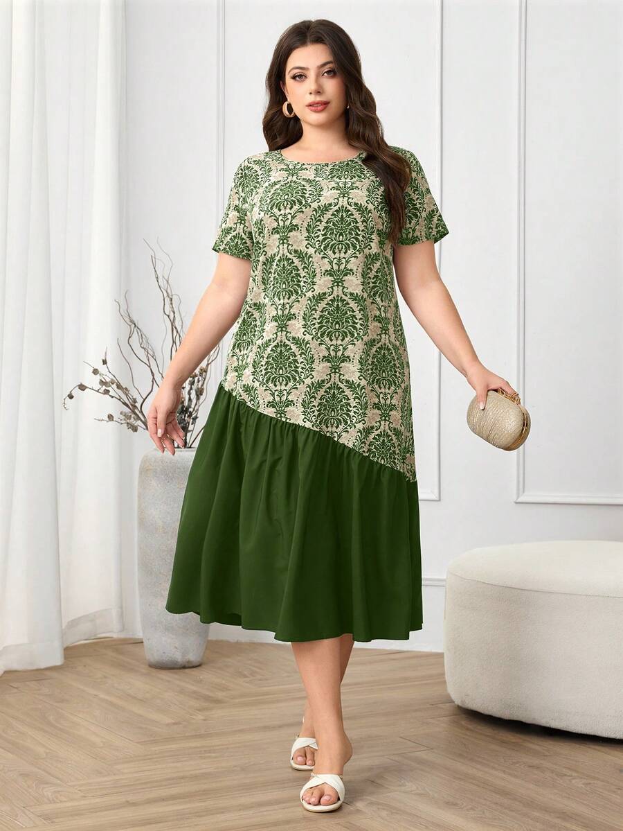 Mulvari Plus Size Vacation Patchwork Paisley Print Short Sleeve Long Dress For Women Formal Sage Green Summer Elegant - Army Green - View 1