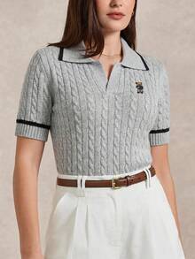 Briarwyn Women's Cartoon Bear Pattern Lapel Short Sleeve Knit Top Back-To-School School Grey Autumn Preppy - Light Grey - View 8