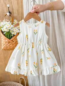 SHEIN Vintaside Kids 女嬰3個月-3歲洋裝，1件休閒可愛日常風格秋季女童套裝，棕色蝴蝶結裝飾無袖蓬蓬洋裝 - 黃色 - 查看 5