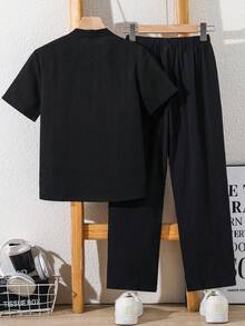 SHEIN 2件組兒童青少年男童休閒日常舒適立領鈕扣式寬鬆短袖襯衫直筒寬鬆長褲梭織兩件套，休閒學院風，舒適時尚，簡約實用，百搭柔軟面料，適合日常穿著、上學、旅行、戶外運動，適用於春、夏、秋、冬四季 - 黑色 - 查看 3
