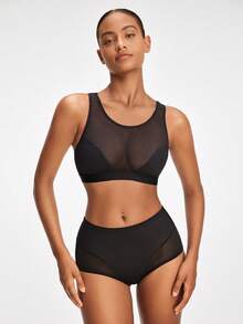 SHAPORA Women's Mesh Contrast Round Neck Sleeveless Top And Bottom Shapewear Set - Black - View 5