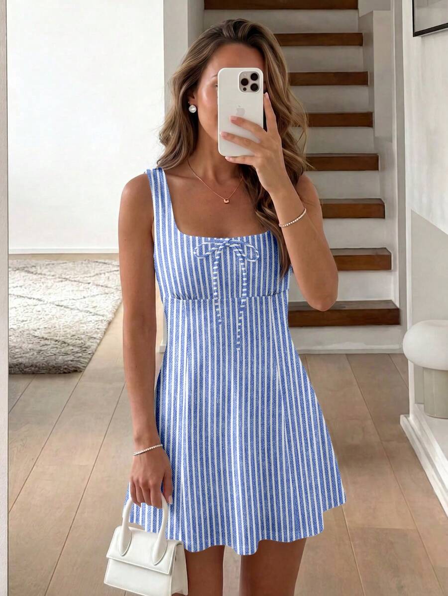 SHEIN LUNE Women's Square Neck Spaghetti Strap Striped A-Line Mini Dress - Multicolor - View 1