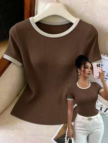 Elenzga Camiseta casual de mujer de cuello redondo y manga corta con contraste de color acanalado - Marrón - Ver 3