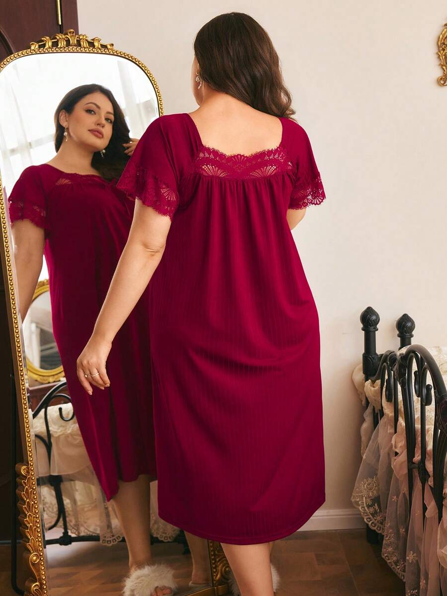 Côtesoire Comfortable Knitted Ribbed Casual Home Lace Patchwork Minimalist Long Loose Plus Size Nightgown - Burgundy - View 1