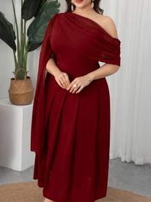 Modelyn 女款斜肩素色長版休閒長洋裝，日常穿搭女裝 - 酒紅色 - 查看 4