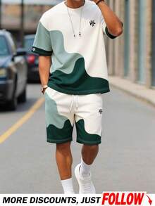 Sorvial 2pcs Men's Casual Geometric Print T-Shirt Set, Suitable For Summer - Green - View 1