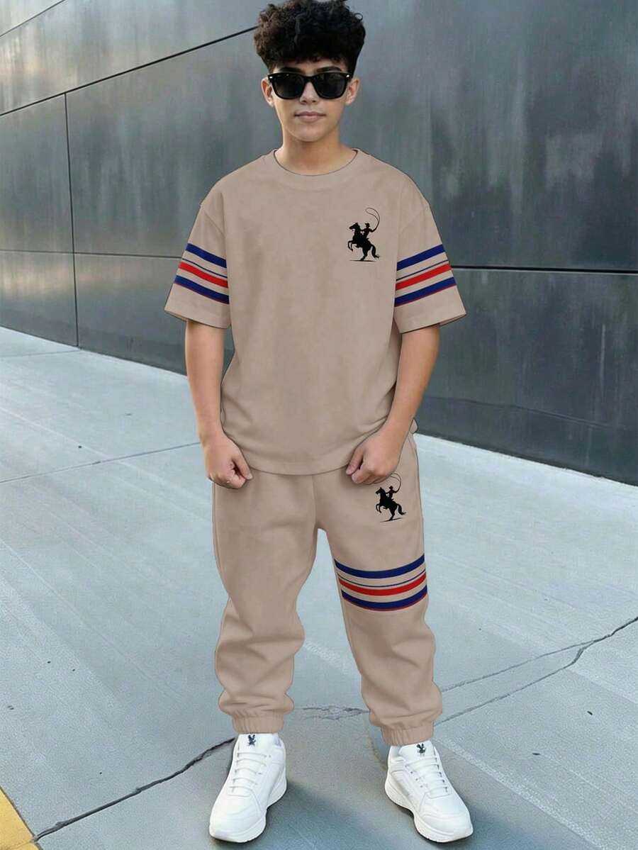 男童休闲舒适简约圆领短袖T恤和裤子套装 - 彩色 - 查看 1