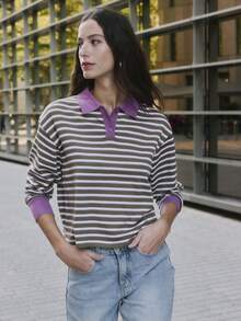 Nöista Striped Polo Knit Shirt In Olive, Mauve And Cream Tones Featuring Contrast Collar And Cuffs. Comfortable Everyday Essential For Fall Winter - Army Green - View 3