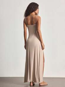 Ocili Spaghetti Strap Dress With Side Slit, Comfortable Rib Knit Loungewear Dress For Women - Khaki - View 3