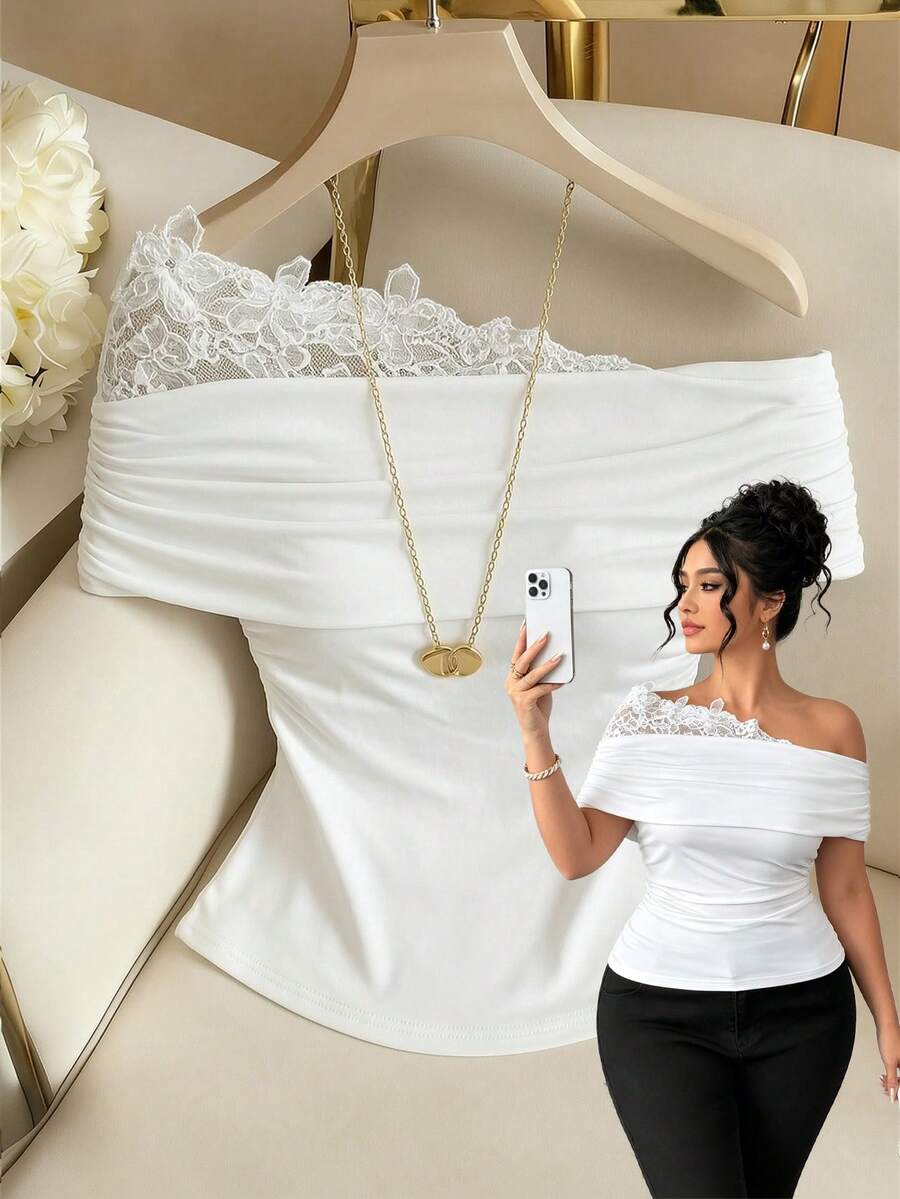 SHEIN Clasi Plus Size Women Elegant Casual Off-Shoulder Lace Rhinestone Fitted Pleated Sleeveless Top Date Night White Summer - White - View 1