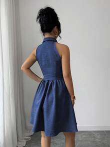 SHEIN Elenzya Sleeveless Shirt Collar Dress With Dual-Tone Linen-Like And Denim Effect, A-Line Silhouette, Elegant And Romantic Design, Suitable For Outdoor Wear - Dark Wash - View 2