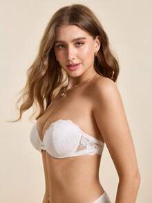 Hourtrue 1pc Minimalist Sexy Lace Patchwork Front Closure Wireless Bra, Strapless For Women - White - View 4