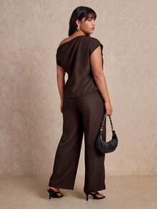Elaquor Plus Size Women's Elegant Brown Autumn Curve Cocktail Outfit,Asymmetrical Neck Metal Ruched Top And Wide Leg Pants 2-Piece Set,Commuting Vacation - Brown - View 5