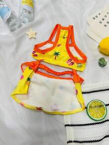 PETSIN 兩件式泳衣，荷葉邊熱帶印花寵物泳裝，快乾小狗泳衣配可愛海灘圖案，夏季泳池海灘裝扮適用於小型犬貓 - 黃色 - 查看 3