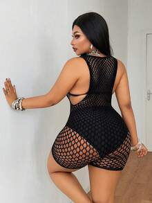 Maweii Women's Plus Size Hollow Design Sleeveless Sexy Romper Halloween Date Night Girls Night Black Summer - Black - View 5