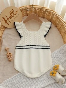 SHEIN Vintaside Kids 女嬰黑白格紋蝴蝶結飾邊荷葉邊針織短版連身褲，適合新生兒，可搭配長袖上衣與襪子，適穿春秋季 - 黑與白 - 查看 2