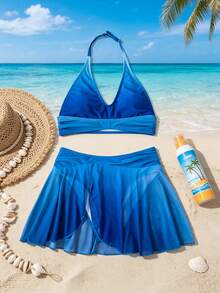 SHEIN Tween Girl Tween Girl Casual Everyday Versatile Comfortable Gradient Color Swimsuit - Blue - View 2