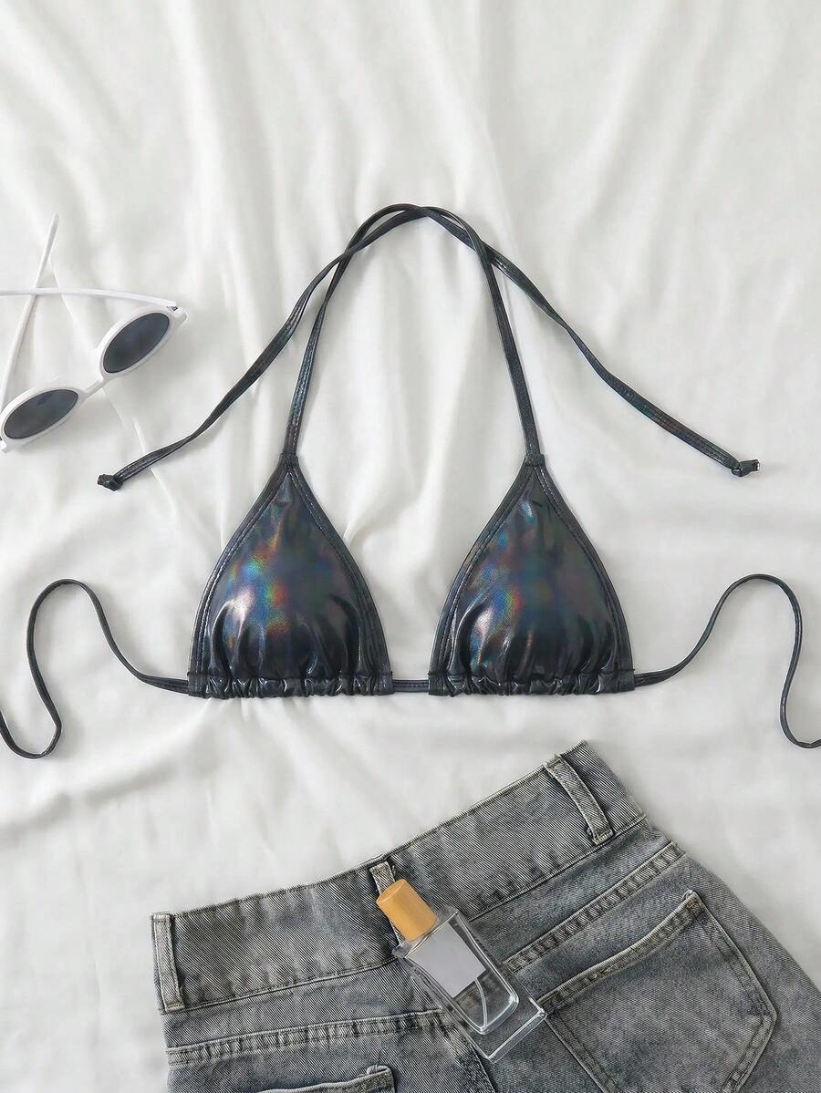 Swim Vcay 女款時尚性感雷射泳衣上衣 - 黑色 - 查看 1