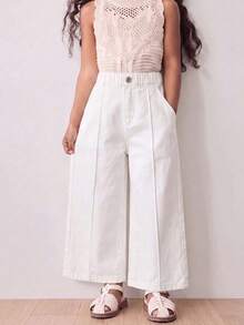 SHEIN Elladie kids 少女休閒波希米亞度假風紙袋腰平口袋寬腿牛仔褲，女孩日常穿搭OOTD - 白色 - 查看 3