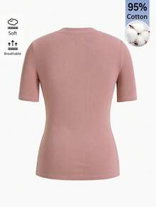 SHEIN BASICS 女款素色圓領修身顯瘦日常百搭短袖T恤 - 淺粉色 - 查看 3
