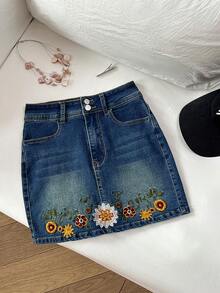 Elamini 牛仔女郎標準尺寸女款夏季藍色彈性個性化刺繡牛仔裙 - 中等水洗藍 - 查看 1