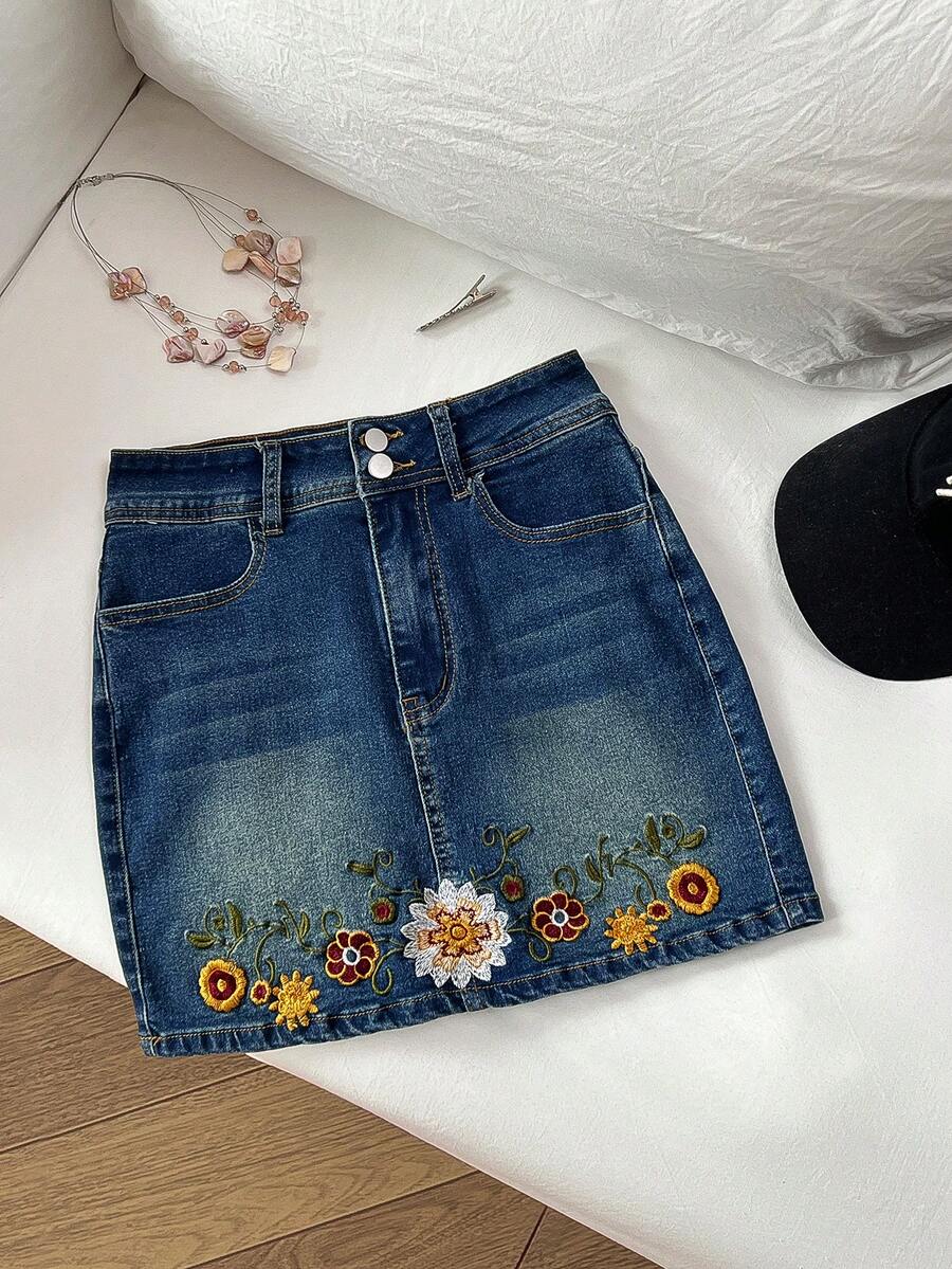 Elamini 牛仔女郎標準尺寸女款夏季藍色彈性個性化刺繡牛仔裙 - 中等水洗藍 - 查看 1
