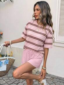 SHEIN LUNE Bộ đồ nữ 2 món cổ tròn vai trễ áo top và quần short dây rút, trang phục thường ngày mùa hè cho nữ - Nhiều màu - Xem 2