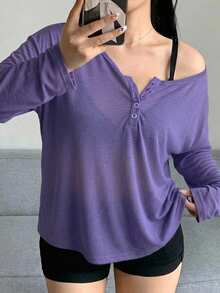 Dazy Plus Camiseta de manga larga con cuello redondo amplio y pechera semiabierta de color liso para primavera/verano - Morado Violeta - Ver 4