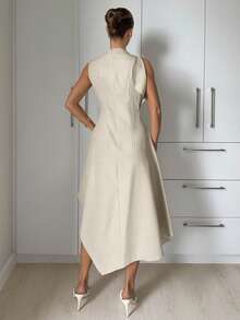 Siren Gaze Luxury Office Dinner Date Birthday Party Siren Asymmetric Midi Dress Women Elegant Minimalist Pleated Mock Neck Sleeveless Draped Summer Beige - Apricot - View 5
