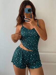 DAZY 甜美碎花無袖修身背心上衣與短款睡褲 2件組夏季女款睡衣套裝 - 墨綠色 - 查看 6