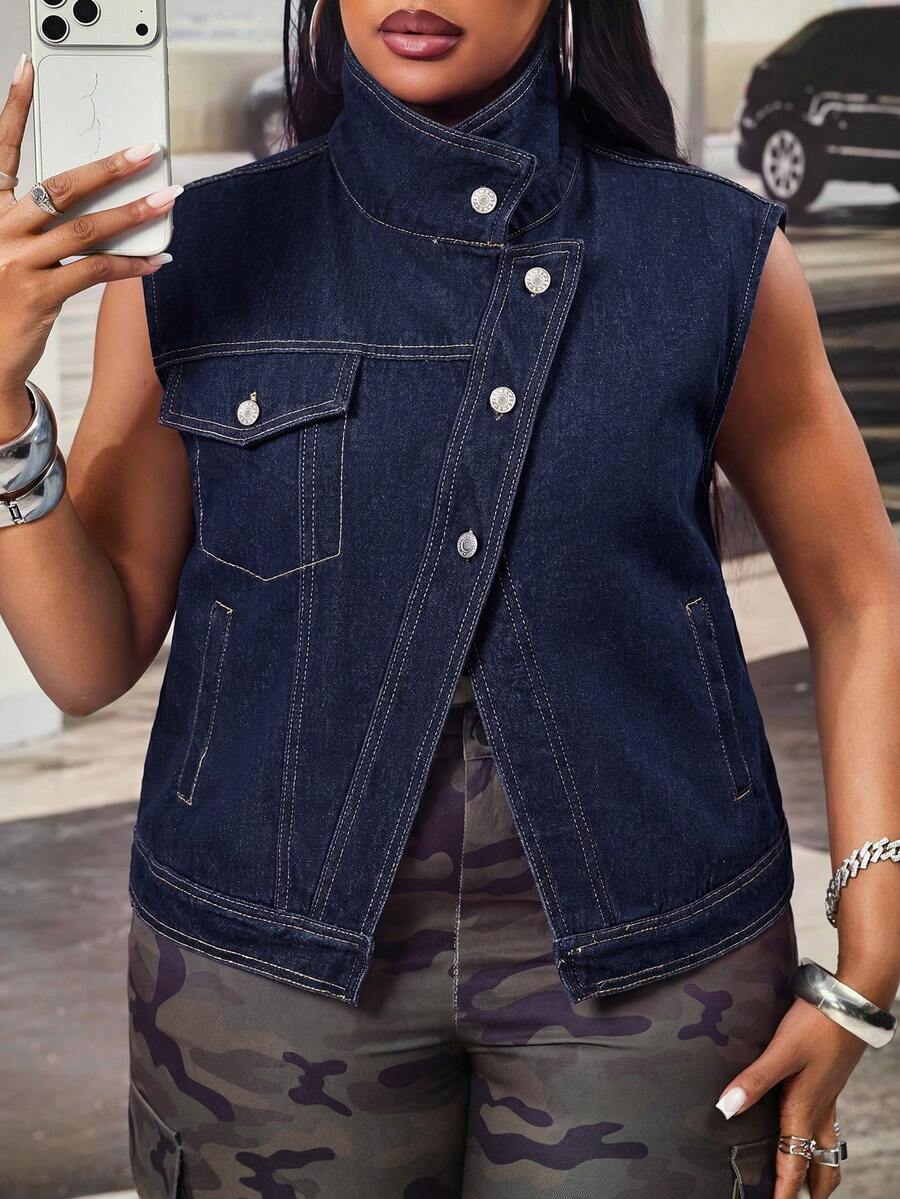 Slaydiva Rompi Denim Kasual Wanita Ukuran Besar dengan Kancing Tunggal dan Kantong - Dark Wash - View 1