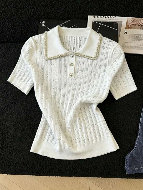 SHEIN PariChic Women's Polo Collar Short Sleeve Casual Commute Knit Top