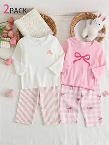 SHEIN Vintaside Kids Baby Girls' 3D Bow Decor Top & Ribbed Pants 2pcs Pajama Set - Multicolor - View 1