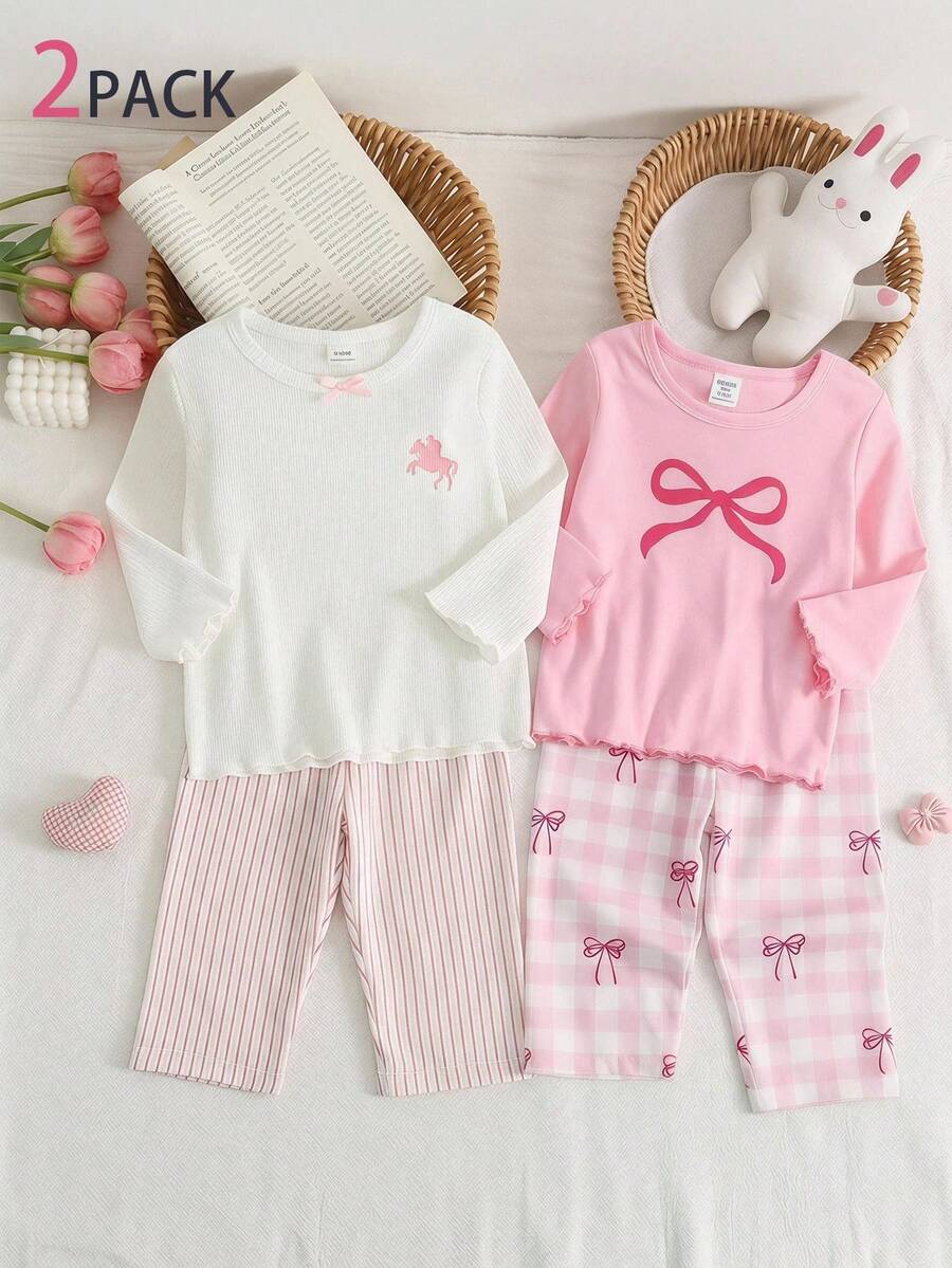 SHEIN Vintaside Kids Baby Girls' 3D Bow Decor Top & Ribbed Pants 2pcs Pajama Set - Multicolor - View 1