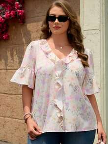 EMERY ROSE Camisa de moda con estampado floral y volantes con cuello en V para mujer talla grande para vacaciones - Multicolor - Ver 7