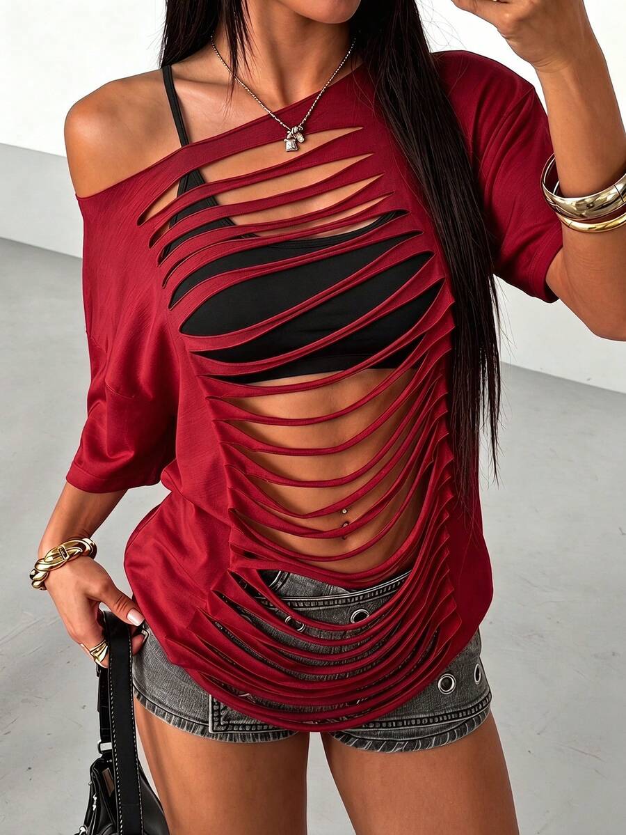 StreetHx Women's White Ripped Front Sexy Hollow Out Fringe Design Street Wear Y2K Baddie Punk Rock Oversized Suitable For Music Festivals Short Sleeve T-Shirt - Burgundy - View 1