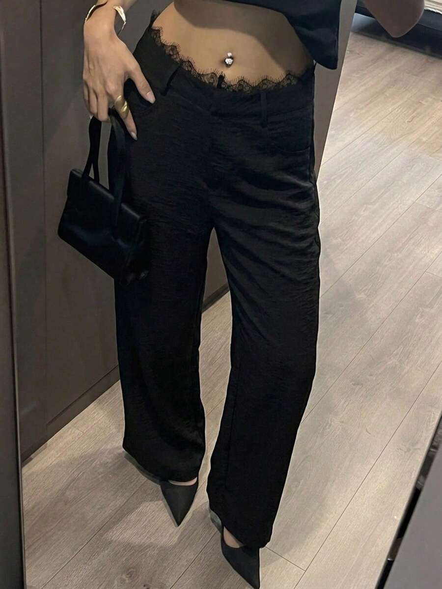 DAZY 女款低腰蕾絲飾邊拼接黑色純色直筒長褲,適合通勤、夏季與秋季 - 黑色 - 查看 1