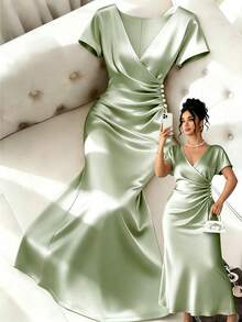 Franclia Plus Size Women Elegant Ruched Pearl Button Decor Short Sleeve Fishtail Dress, Spring/Summer Cocktail Formal Sage Green - Mint Green - View 1