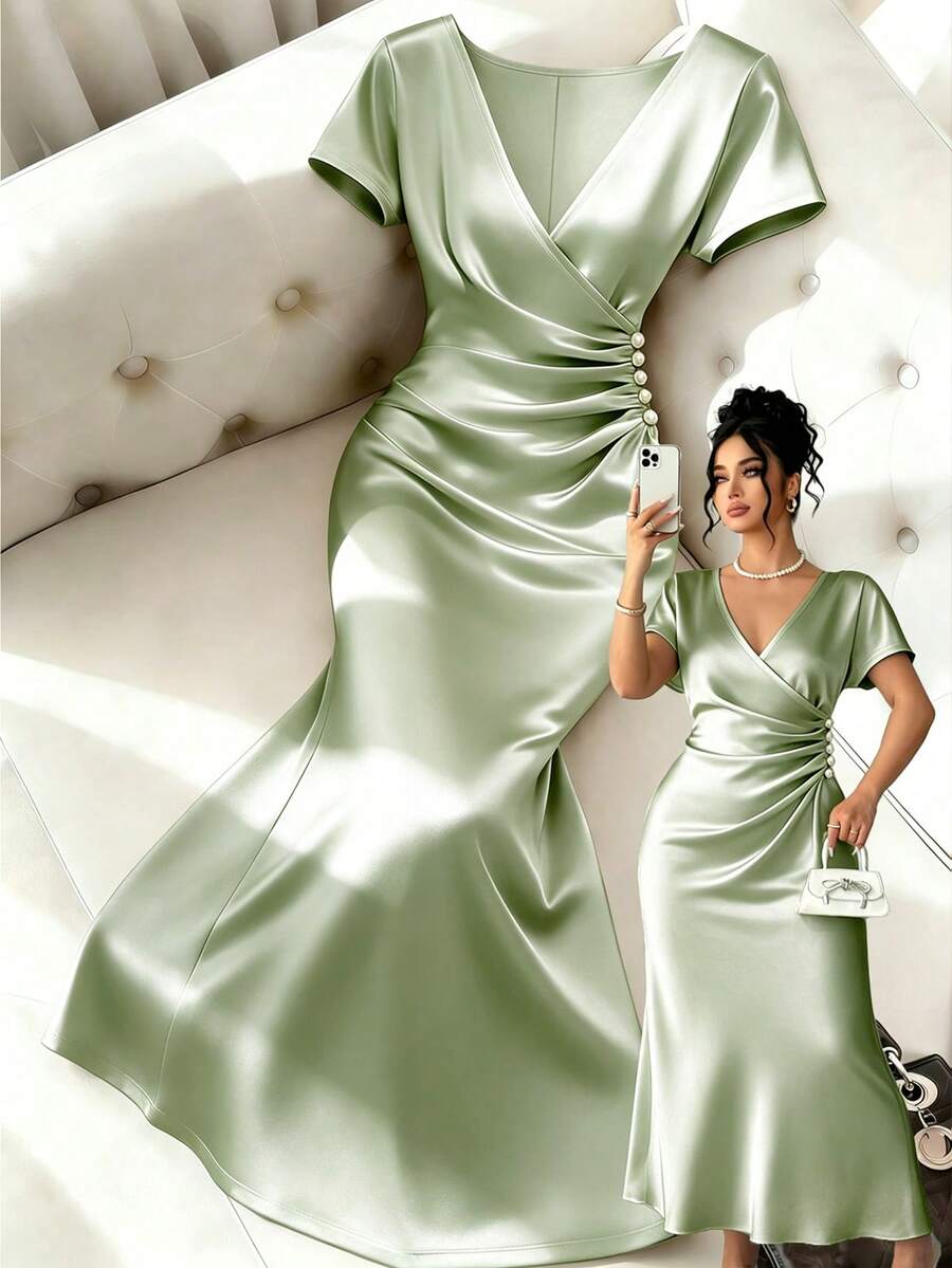 Franclia Plus Size Women Elegant Ruched Pearl Button Decor Short Sleeve Fishtail Dress, Spring/Summer Cocktail Formal Sage Green - Mint Green - View 1