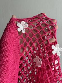 Maweii Plus Size Women's Knitwear, Knitted Top, Halter, Deep V Neckline, Asymmetric Hem, Flowers, Crochet Flowers, Openwork, Tassels, Fitted, Sexy, Women's Daily Commuting Top, Women's Clothing, Summer, Spring, Autumn, Vacation, Casual - Hot Pink - View 7