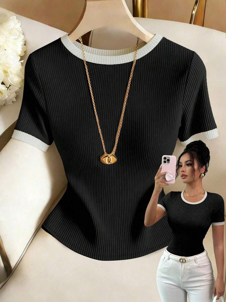 Elenzga Women's Summer Daily Commute Contrast Trim Round Neck Ribbed Short Sleeve T-Shirt - Black - View 1
