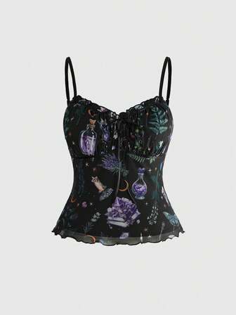 Fairycore Plus Size Women's Gothic Dark Forest Magic Academy Dark Sun Moon Star Mystical Star Lace-Up Ruffle Trim Camisole Tank Top