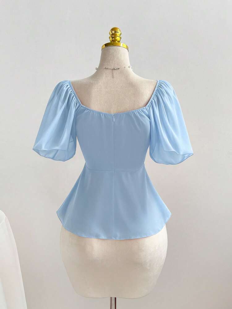 Elamini Elegant Square Neck Pleated Waist Umbrella Hem Women's Blouse - Blue - View 2