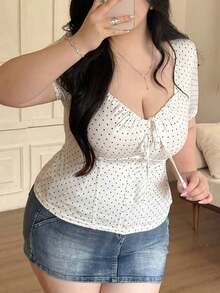 Vibekara Plus Size Polka Dot Print Fitted Drawstring T-Shirt - White - View 6