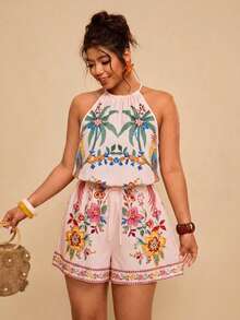 Travachic Plus Size Women's Tropical Palm Tree Print Romper - Multicolor - View 6