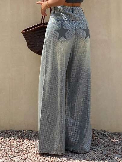 Livesso Women's High Waist Light Blue Rhinestone Star Print Loose Casual Street Straight Leg Jeans, Autumn/Summer